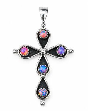 Large 2” Sterling Silver Aurora Opal Cross Pendant Pink Blue Fire 925 Gift FAITH